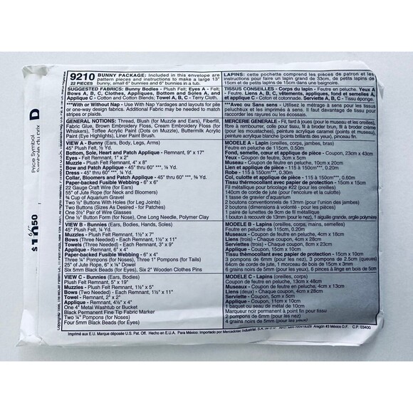 McCalls 9210 Sewing Pattern Easter Bunny Easter Rabbit Sz 6" & 13" UNCUT Bessner - Picture 2 of 2